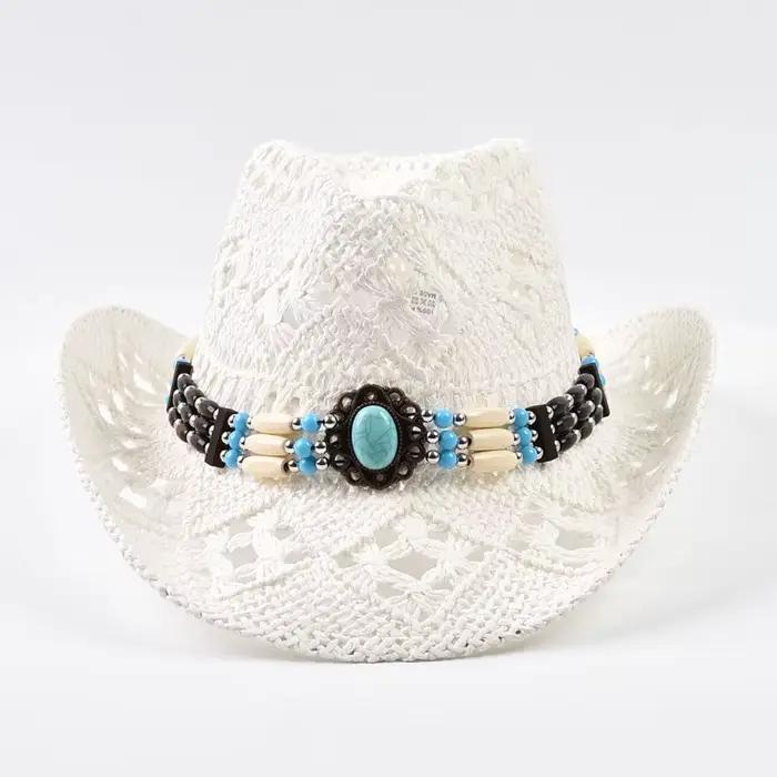 Chapeau de soleil en paille ajouré style bohème pour l'été