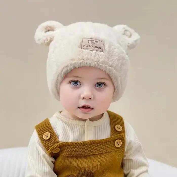 Chapeau d'hiver pour bébés garçons et filles de 1 à 4 ans – Bonnet en tricot beige doux avec oreillettes d'ours
