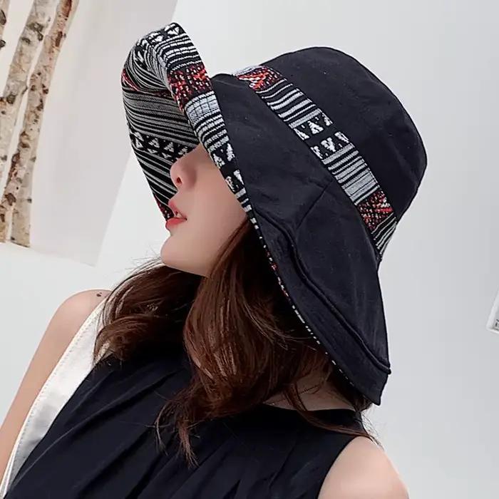 Chapeau de plage rétro en coton pour femmes protection solaire bord de mer style ethnique polyvalent四季风格复古棉质女士防晒海滩帽多用途