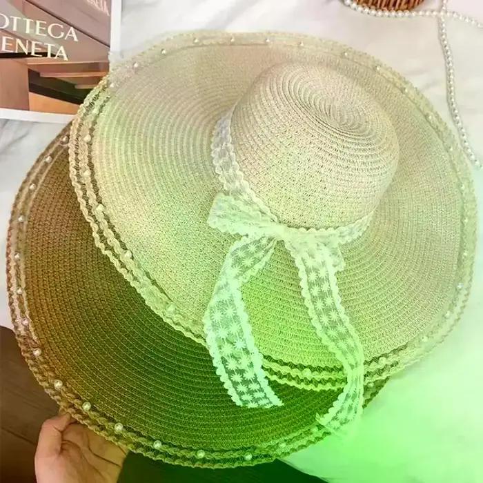 Chapeau de paille oversize à grand bord avec nœud décoratif pour femme