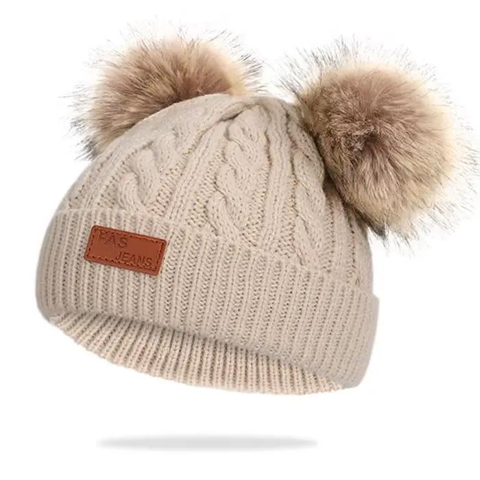 Bonnet en laine douillet avec double pompon réglable pour enfants de 1 à 3 ans, pour les garçons et les filles, occasions hivernales et automnales