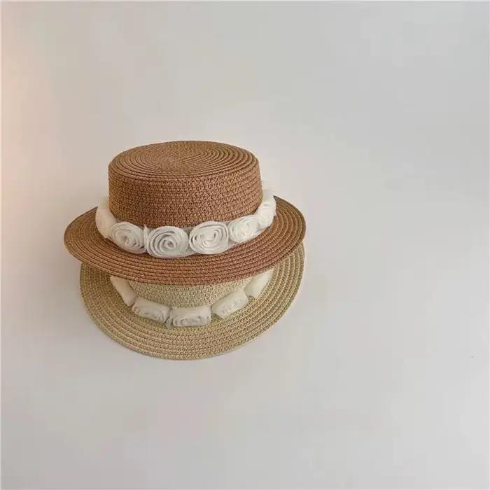 Nouveau été bébé casquettes de paille plage française fleur dentelle chapeau