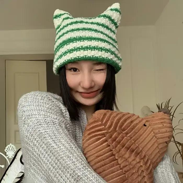 Y2K japonais bonnet chapeau Ins petit diable rayé tricoté casquettes pour femmes automne hiver mignon chat oreilles