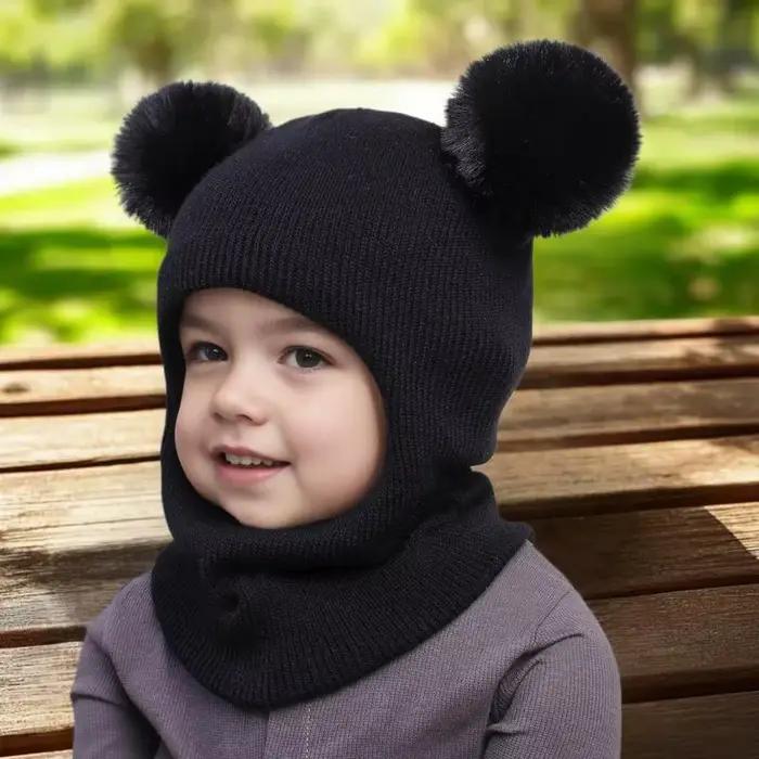 1 pièces Juniors Double Pom Poms combiné chapeau écharpe mignon cagoule chapeaux garçons filles saison froide laine casquette de balle