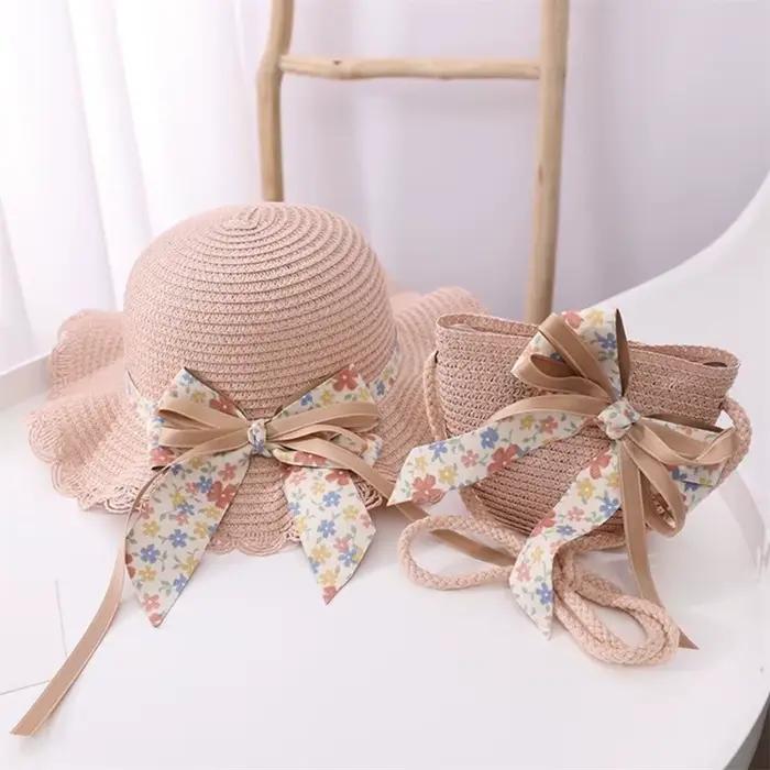 Chapeau de paille et sac à bandoulière pour filles dessin animé ours enfants chapeau de soleil sac ensemble printemps plage chapeaux pour garçon fille enfant bord casquette