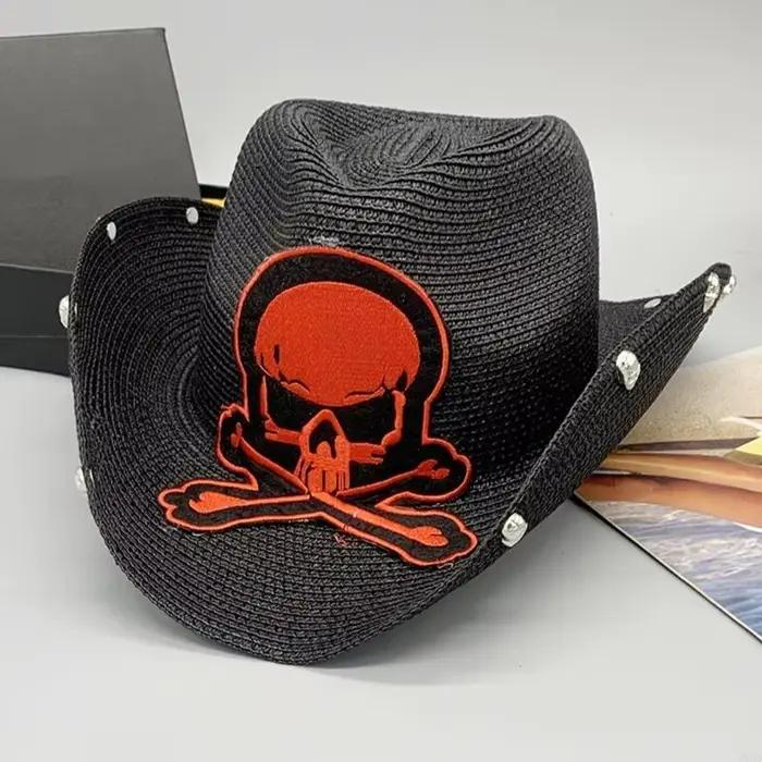 M6CD chapeau tissage paille Vintage avec crâne brodé pour hommes