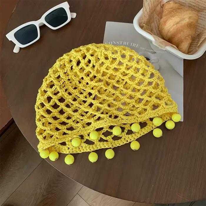 Chapeau tricoté à la main avec perles creuses pour femme, polyester, design bohème, respirant et portable, idéal pour vacances et sorties décontractées