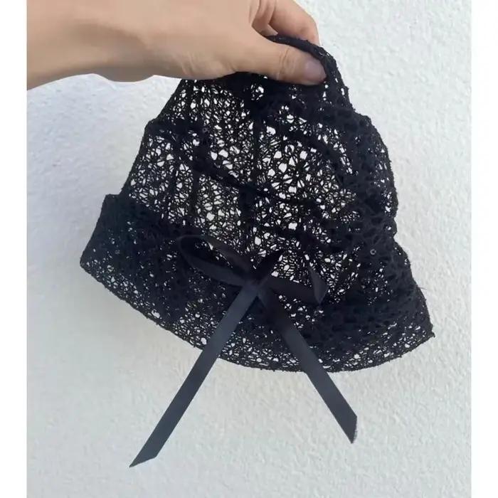 Niche littéraire noir dentelle tricoté chapeaux pour femmes été décontracté polyvalent mode nœud conception creux respirant bonnets casquette