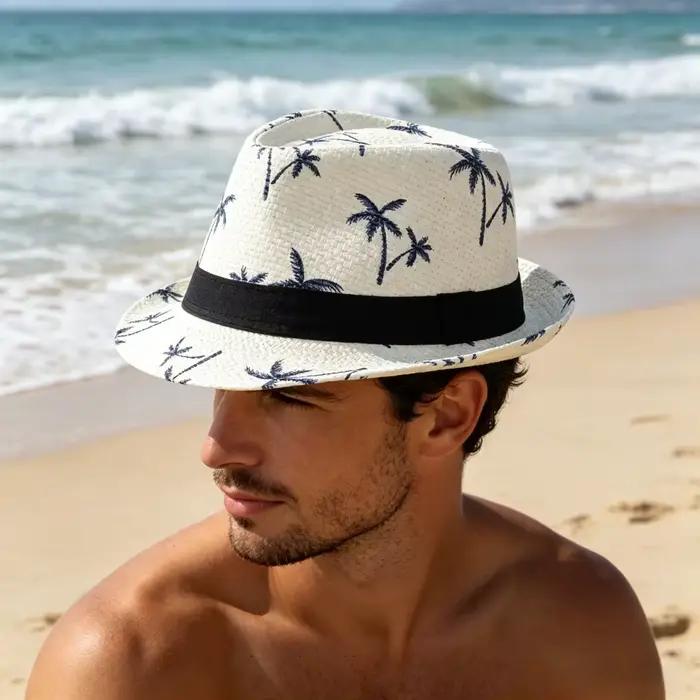 Chapeau de jazz en paille imprimé cocotier style britannique protection solaire plage été hommes adultes blanc beige bleu kaki