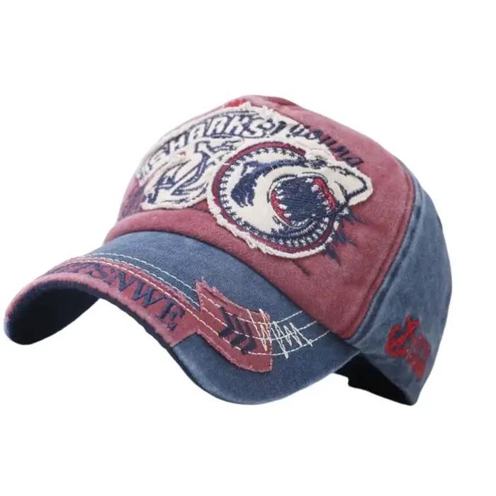 Chapeau Baseball en jean réglable confortable 39BB, broderie requin