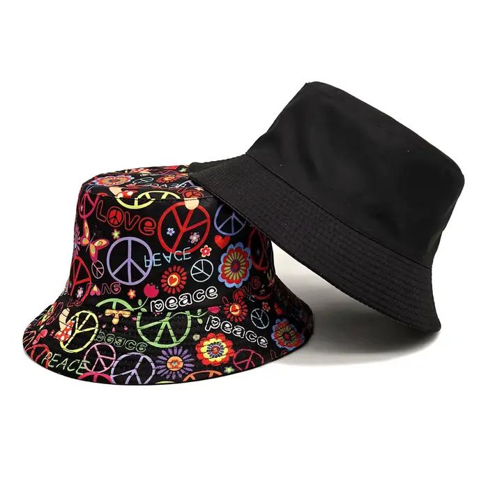 Chapeau Bob Hippie Imprimé Floral Amour et Paix Réversible Noir Intérieur Anti-UV Femme Homme Rétro Années 70 Casquette Plage Voyage Extérieur