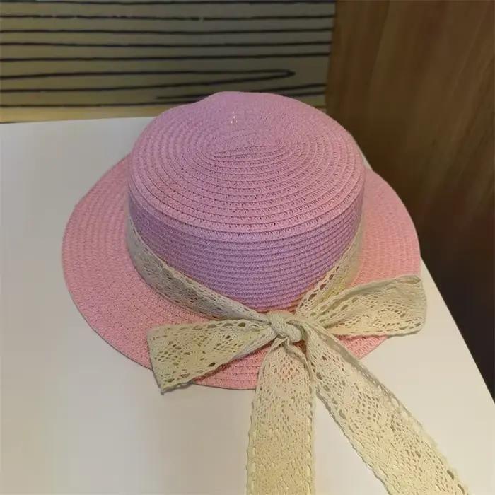 Chapeau de plage en paille solide avec nœud papillon et dentelle pour femmes et petites filles été ocassions spéciales plage