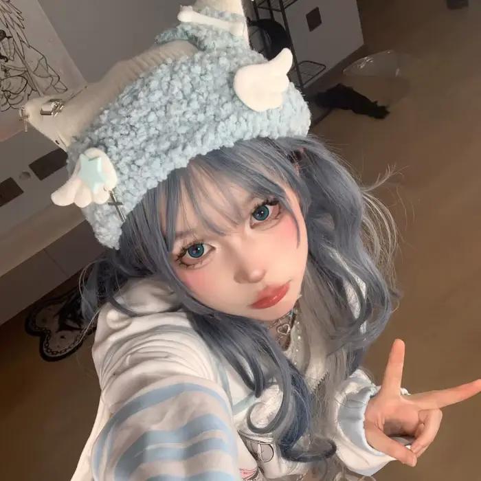 Chapeau d'oreille de chat bleu sous-culture avec croix pour femmes styles Harajuku et Lolita gothique automne hiver