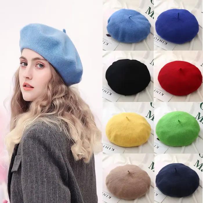 Femmes filles Baggy Beanie casquette plate chapeau laine béret