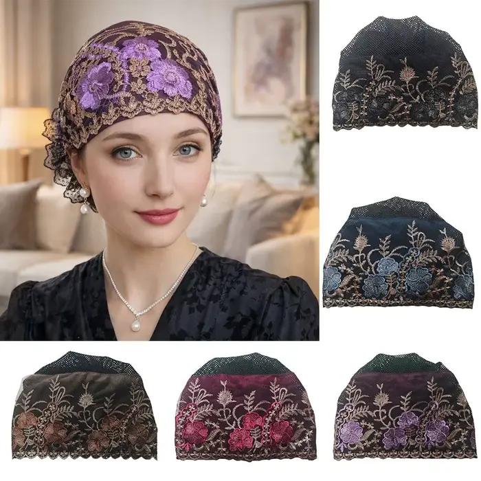 Nouveau Bonnet Brodé de Fleurs Respirant Couvrant Entièrement la Tête