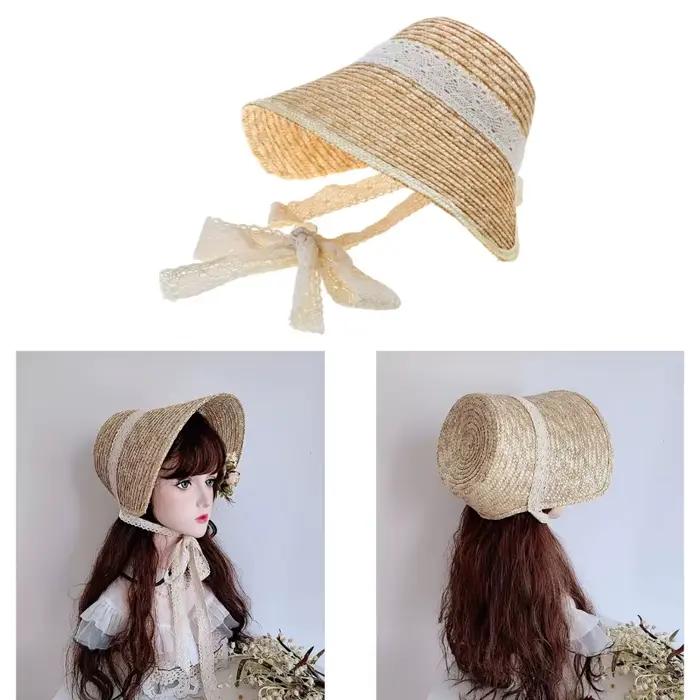 Chapeau de paille de style français avec lacets pour femme
