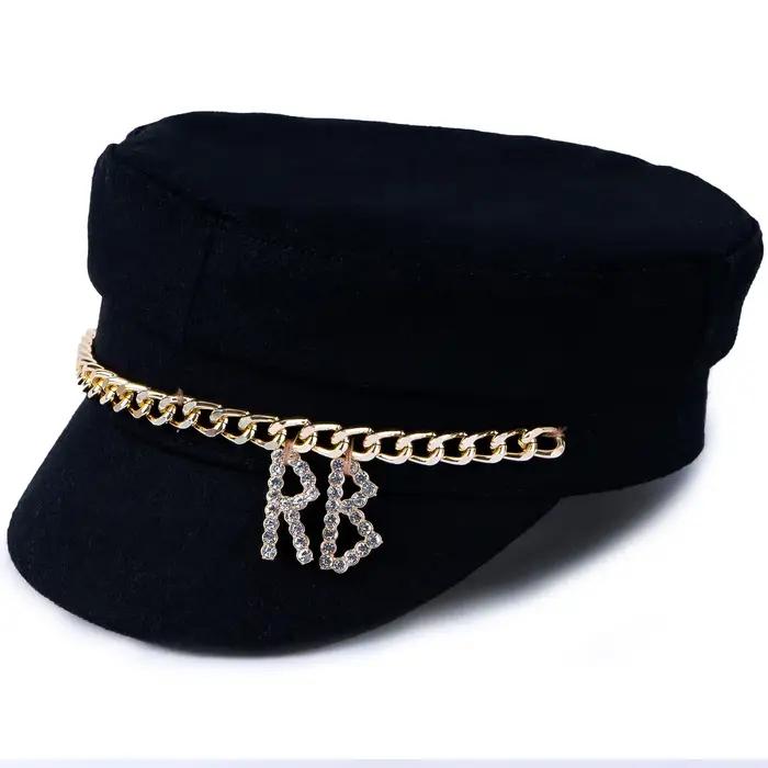 INS Designer marque PU casquettes de gavroche femmes diamant lettre casquette plate militaire chapeau mode Streetwear