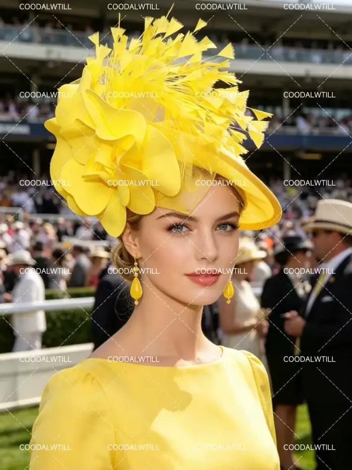 Chapeau Fascinator Jaune à Grande Fleur et Plumes pour Femme