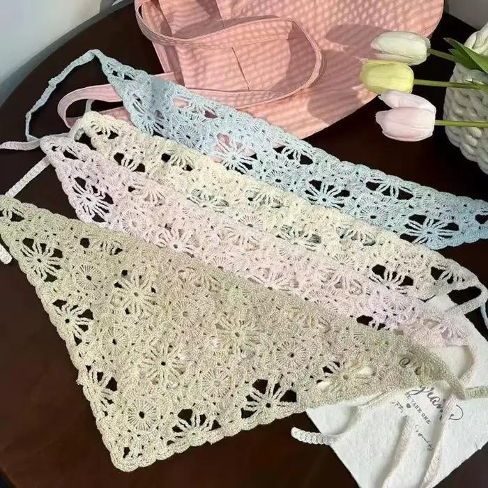 Mode tricoté foulard chapeau français Style pastorale Triangle bandeau à la main Crochet