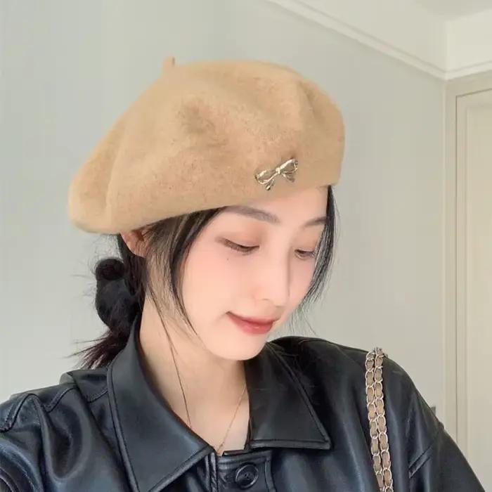 A52E Vintage Bowknot Hat Soft Warm Dome Chapeau Fille Girl Soight Party Caps Coadroises
