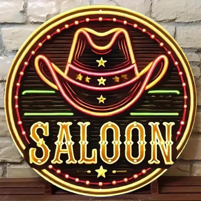 Panneau métallique rond style néon Chapeau de cowboy western