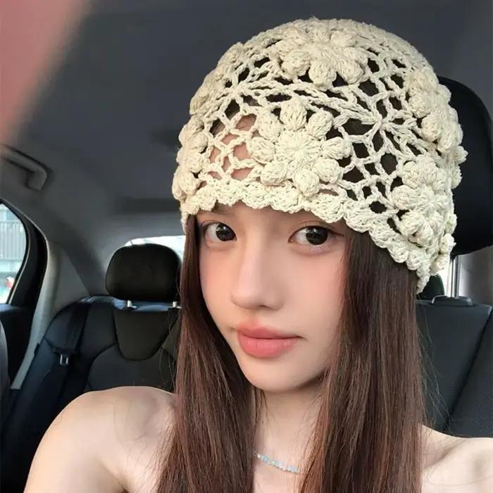 Bonnet en crochet fait main avec fleur, style Y2K, ajouré, streetwear