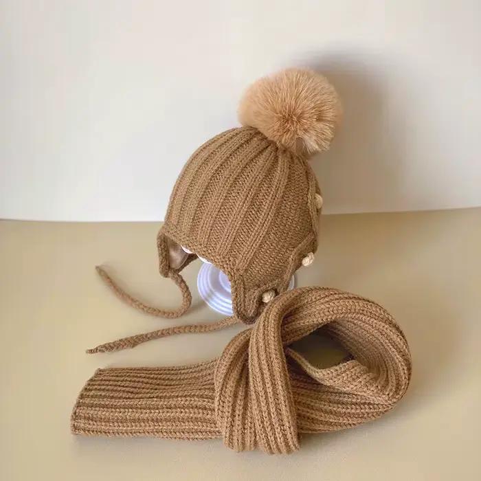Coréen enfants écharpe chapeau ensembles automne hiver bébé chaud laine tricoté oreille Protection casquette enfant en