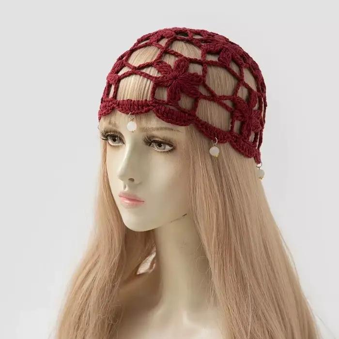 Bohemian Style Crochet Flower Knitted Hat Handmade Thin Hollowed Out Beanie Cap Korean