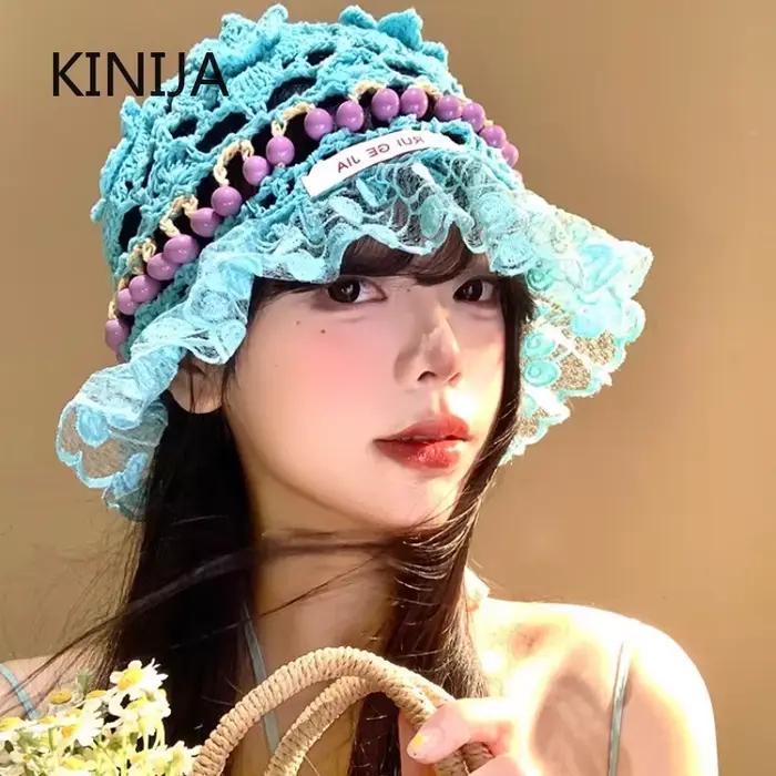 Corée rétro tricoté évider fleur perle chapeau à la main Crochet seau