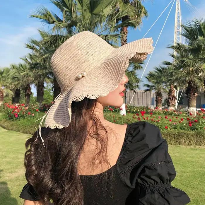 Chapeau de paille pliable style français avec perles et large bord