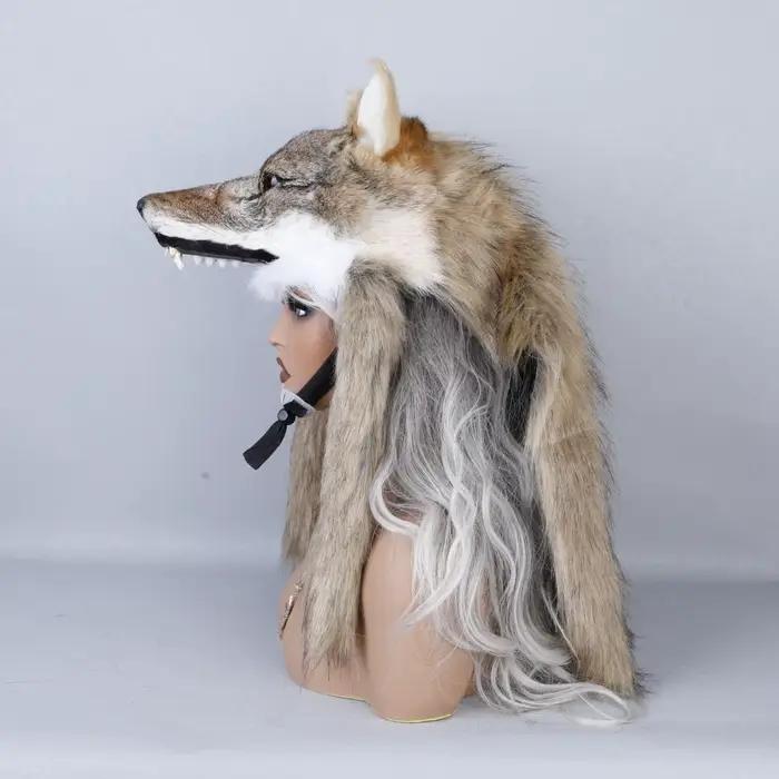 Chapeau tête de loup en fausse fourrure unisexe