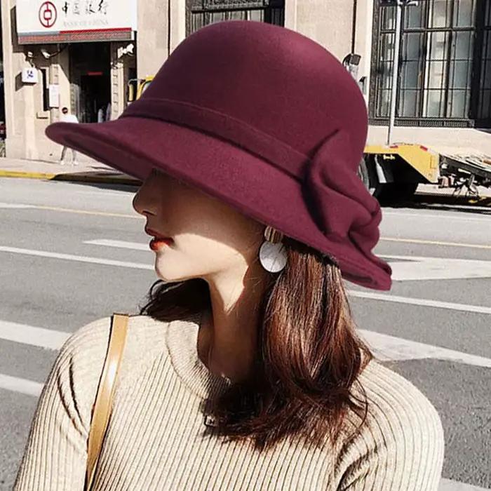 Femmes élégant laine feutre Fedoras chapeau automne hiver chaud couleur unie arc seau dôme casquette dames mode rétro église haut chapeaux