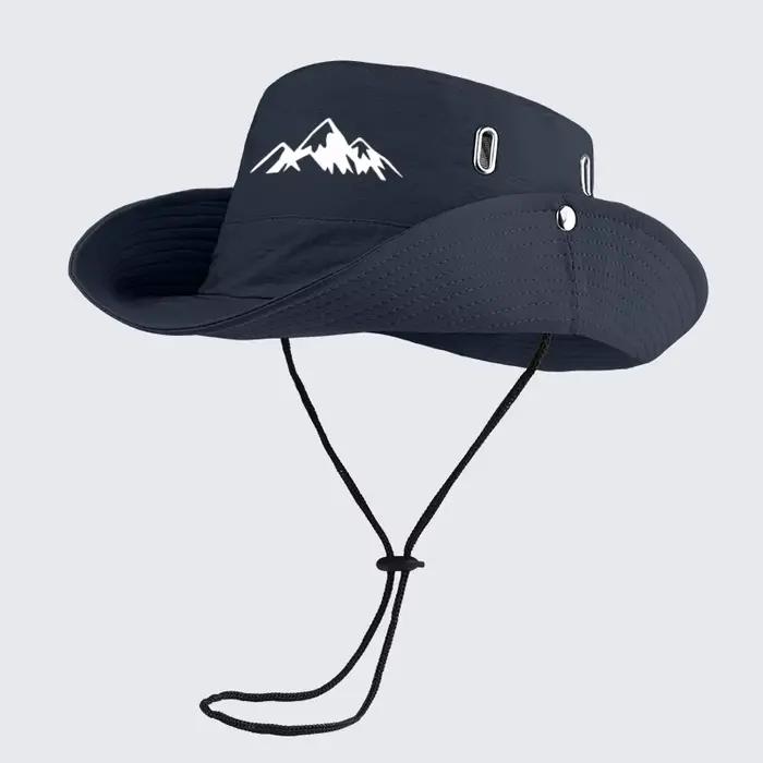 Chapeau de soleil respirant à imprimé montagne avec cordon de serrage réglable résistant au vent - Parfait pour la randonnée, le camping et l'alpinisme