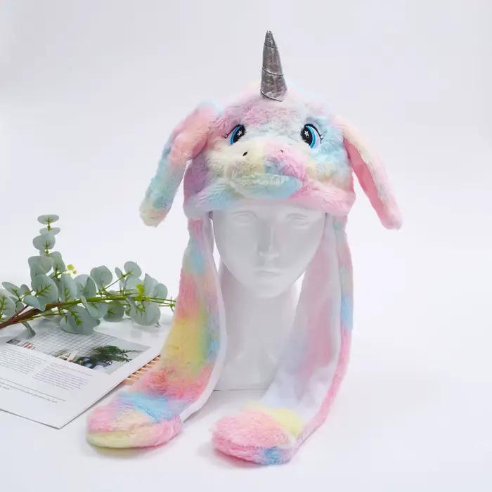 Chapeau à oreilles en peluche licorne arc-en-ciel avec cornes 3D + design mignon et adorable