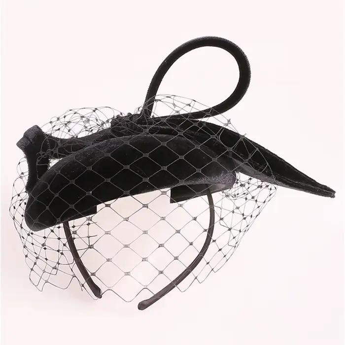 Chapeau fascinateur en feutre de laine 100% noir avec voile et nœud
