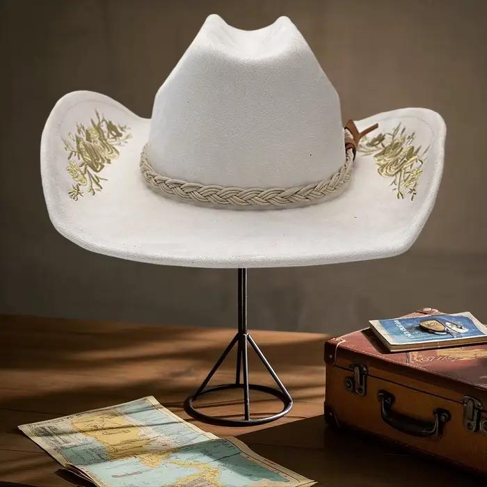 Lamuusaa y2k Western Cowgirl Hat pour femmes et hommes à la mode broderie florale large bord Protection solaire feutre robe chapeau