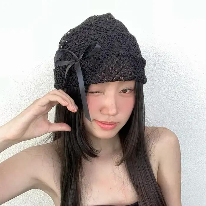 Niche littéraire noir dentelle tricoté chapeaux pour femmes été décontracté polyvalent mode nœud conception creux respirant bonnets casquette