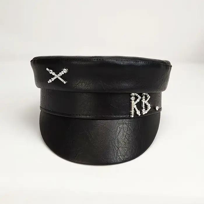 INS Designer marque PU casquettes de gavroche femmes diamant lettre casquette plate militaire chapeau mode Streetwear