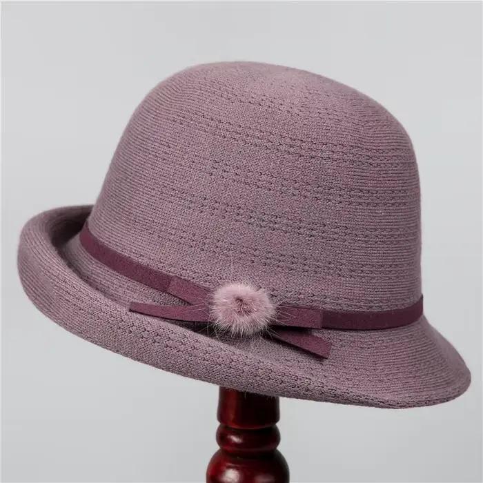 Chapeaux melon vintage avec nœud à pompon pour femmes