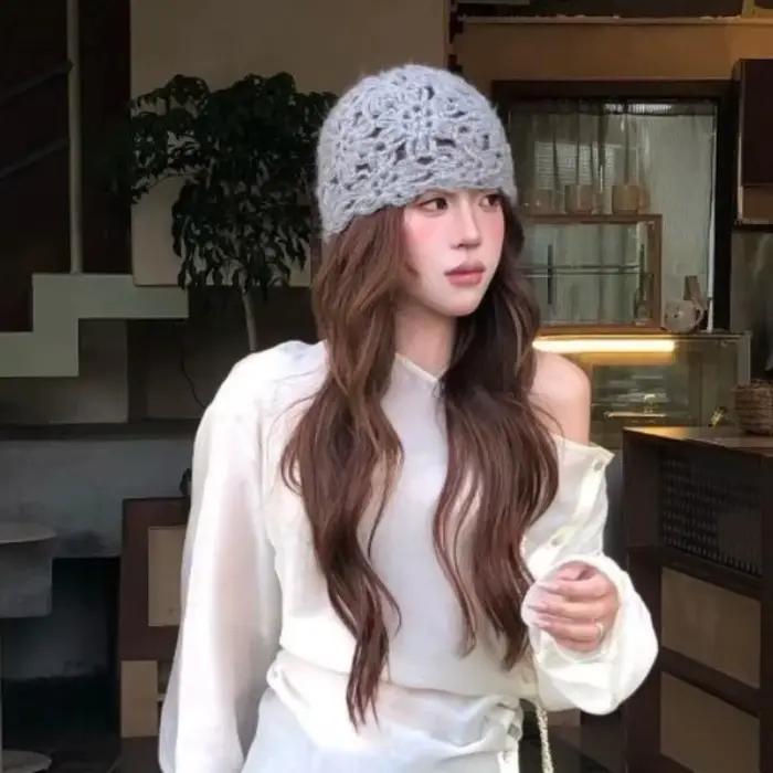 Chapeau décontracté en crochet tricoté à la main avec fleur pour femme style japonais multi-saisons voyage