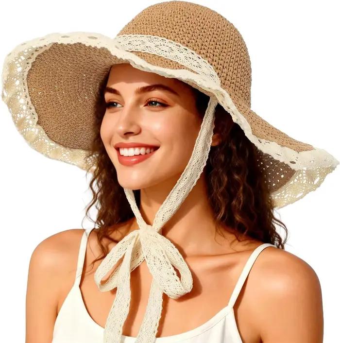Chapeaux de plage pour femmes - Chapeau de soleil pliable en paille avec ruban en dentelle pour femme 2026