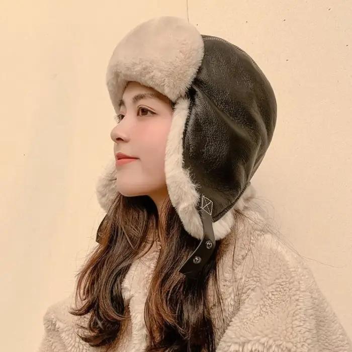 Chapeau de pilote d'hiver en cuir Pu