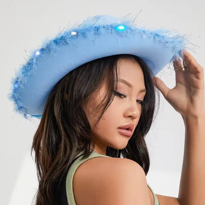 Chapeau de cowboy en feutre avec lumière LED colorée pour hommes et femmes