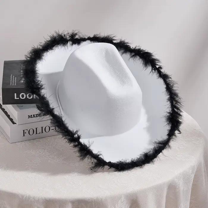 Chapeau de cowgirl FYBITBO bord large garniture fourrure polyester pour femmes soirée robe mariage rendez vous