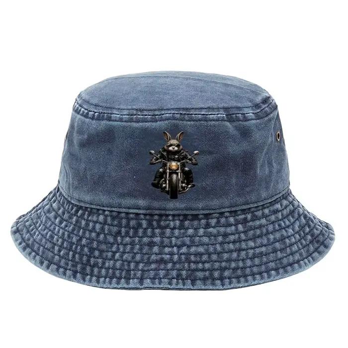 Chapeau Bob de Pêcheur en coton lavé avec motif lapin motard pour homme et femme, idéal pour la pêche et les sorties en plein air, cadeau anniversaire élégant et tendance