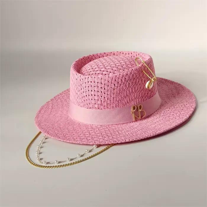 Cerise poudre 2026 chapeau de paille chaîne de perles bricolage haut plat