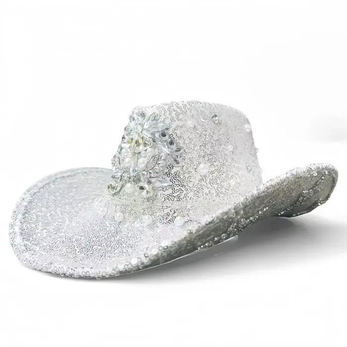 Argent Western Cowboy Chapeau Strass Homme - Vintage