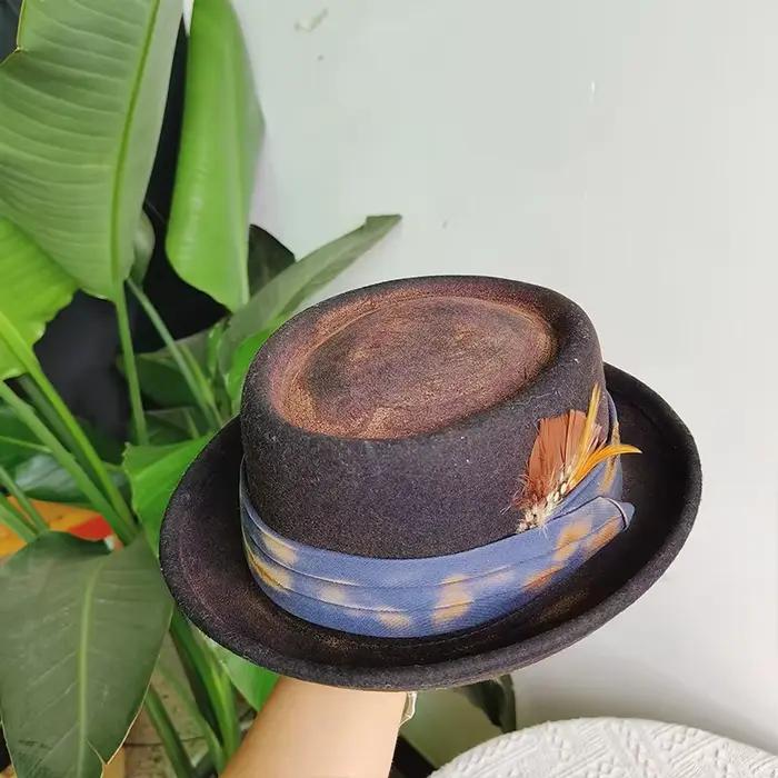 Chapeau brûlé en laine fait à la main Vintage tarte de porc