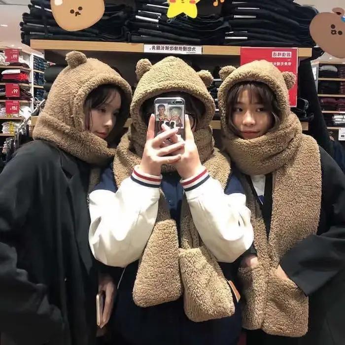 Hiver ours oreille Sherpa capuche chapeau écharpe gants 3 en 1