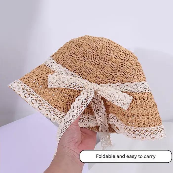 Chapeau seau en paille élégant avec nœud en dentelle pour femmes